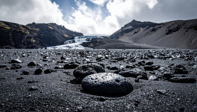 Rugged volcanic pebbles and dark rocky terrain leading to a distant glacier under a dramatic cloudy sky in the Icelandic highlands, showcasing the raw beauty of a wild and desolate landscape.