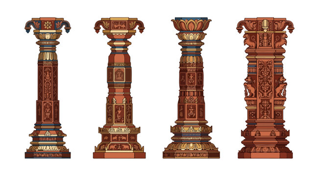 Ornate intricately carved columns in rich reddish-brown tones with golden and blue decorative accents