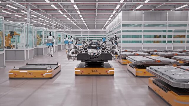 Crane shot of Electric Car Chassis loaded on AGVs in Fully Automated Modern Autonomous Electric Car Factory. AI-powered Humanoid Robots and Robotic Arms  in Background. 3d Animation Render