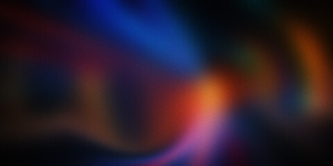 Dynamic blurry light waves in dark space with glowing orange blue and purple hues creating atmospheric grainy neon effect. © md