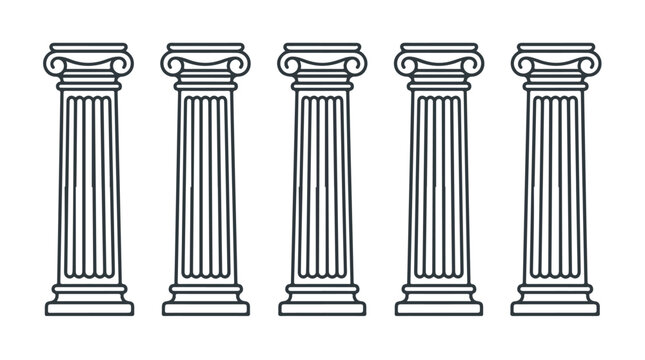 Five elegant classical Ionic columns standing in a symmetrical row, detailed line art illustration of ancient