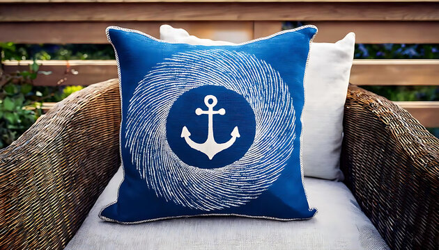 Blue nautical throw pillow on outdoor wicker chair with white cushions