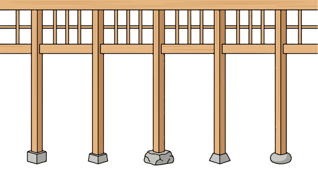Traditional Japanese wooden bridge with lattice railings tall pillars and stone foundations in serene style