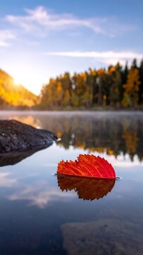 Autumn Leaf on Calm Lake.