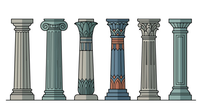 Row of ancient architectural columns in Doric Ionic Corinthian and Egyptian styles in line art illustration