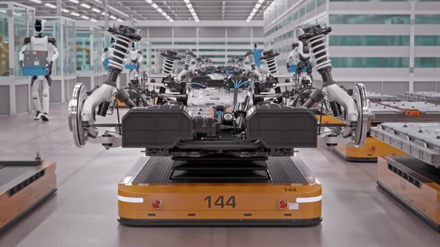 Crane shot of Electric Car Chassis loaded on AGVs in Fully Automated Modern Autonomous Electric Car Factory. AI-powered Humanoid Robots and Robotic Arms  in Background. 3d Animation Render