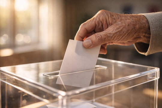 Elderly hand casting vote into transparent ballot box