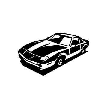 Vintage sports car vector illustration, classic retro exotic coupe top perspective silhouette, black and white automotive graphic for garage t-shirt and poster design