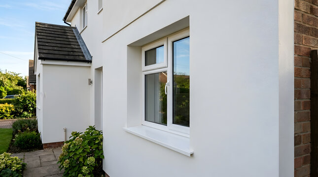 Modern residential house exterior with clean white render and UPVC double glazed window | Property facade and building maintenance | Architectural home design | Energy efficient housing concept
