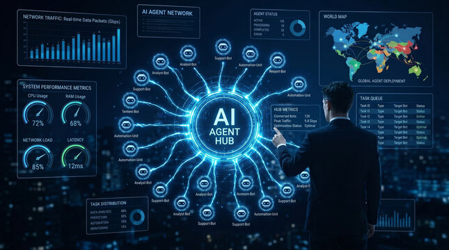 AI Agent Hub Network Dashboard Business Executive Technology Management Concept