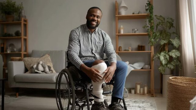 A man seated in a wheelchair adjusts a leg brace in a cozy living room.