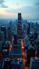 Naklejka premium Stunning aerial panorama of Chicago's dense downtown, stock, drone shot, aerial view