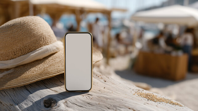 Smartphone screen app mockup propped on driftwood log at oceanside summer market. Linen tote and wicker hat beside device, vendor canopy edge overhead, sand particles on log surface, sea glare creat