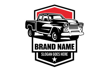 Vintage pickup truck logo vector illustration, classic retro automotive badge emblem with bold red background for garage t-shirt and branding design © Abdul