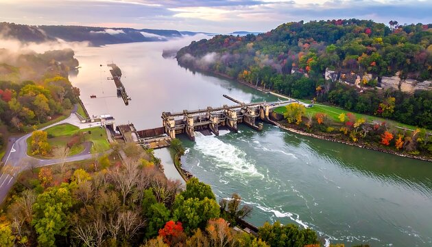 Scenic view of a dam and river in autumn, vibrant foliage, mist, and a barge transiting the lock system