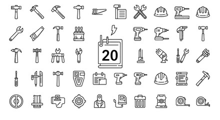 Fototapeta premium Collection of construction tools and equipment icons, including hammers, drills, wrenches, and safety helmets, presented in a clean outline style.
