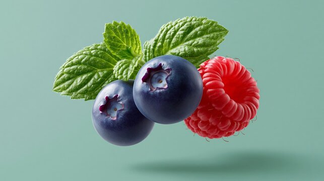 Fresh blueberries and raspberries with mint leaves arranged on a soft green background, showcasing vibrant colors and natural textures in a visually appealing composition