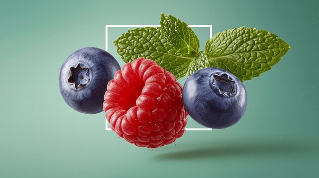 Fresh blueberries and raspberries with mint leaves arranged artistically on a soft green background, showcasing vibrant colors and textures of the fruits
