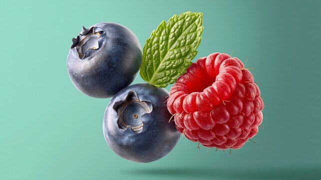 Fresh blueberries and raspberries with a mint leaf on a light green background, showcasing vibrant colors and textures of the fruits