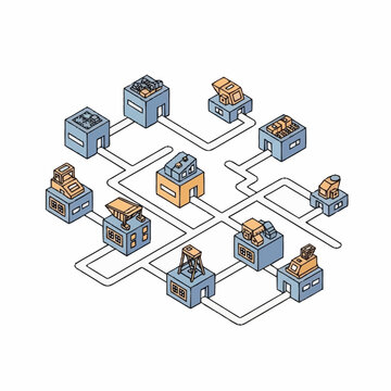 Isometric illustration of a decentralized network system with interconnected nodes and data flow.
