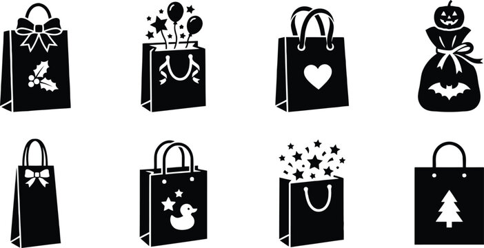 Specialty Gift Holiday Shopping Bag Icon Silhouette Vector Set