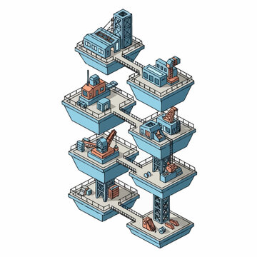 Isometric illustration of an offshore oil rig complex with multiple platforms connected by bridges.