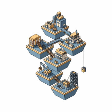 Isometric illustration of an offshore oil rig complex with multiple platforms connected by bridges.