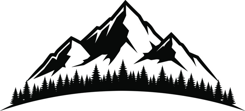 A majestic mountain range silhouette with a dense pine forest evergreen tree line in a minimalist black and white vector style for commercial nature-themed design projects.