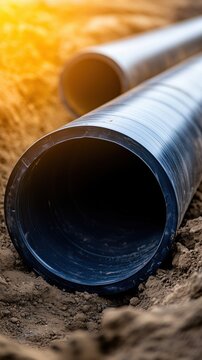 Plastic pipes laid in trench for underground utilities, pipeline installation, construction site infrastructure, water supply or drainage system with sunlight. Vertical photo.