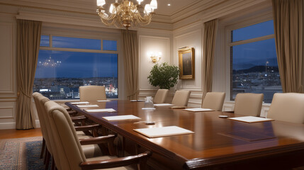 Fototapeta premium Board meeting chairperson calls governance session to order before assembled directors, printed agenda binders open around polished mahogany table, evening city lights beginning to appear through bo