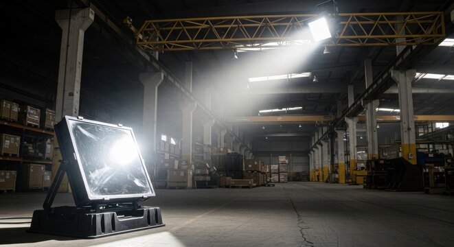 Powerful Portable Work Light Illuminating a Dark Industrial Warehouse Interior with Visible Light Beam