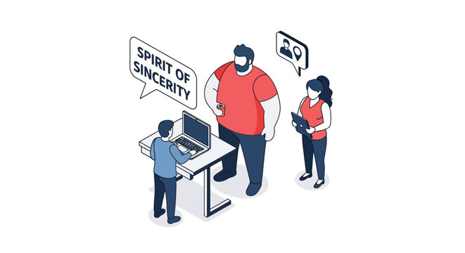 Isometric illustration of a team working together with sincerity and focus.