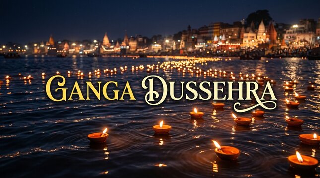 Ganga Dussehra Celebration Background with Floating Diyas on River Ganges, Traditional Indian Festival Vector Illustration with Varanasi Ghats at Night
