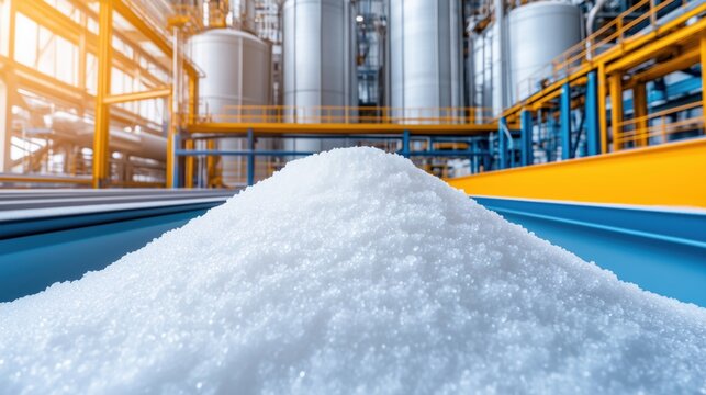 Industrial sugar production with refined white granules at modern factory. Food processing and manufacturing concept, ideal for agriculture, supply chain, industry and commodity trade themes