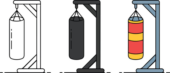 Heavy boxing punching bag set on metal stands in outline black and red colors for gym fitness training and combat sports flat vector illustration © MSTAFRUJA