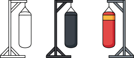Heavy boxing punching bag set on metal stands in outline black and red colors for gym fitness training and combat sports flat vector illustration © MSTAFRUJA