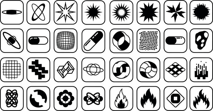 Collection of abstract geometric icons and brutalist graphic elements featuring stars capsules flames and futuristic shapes for modern digital design vector illustration