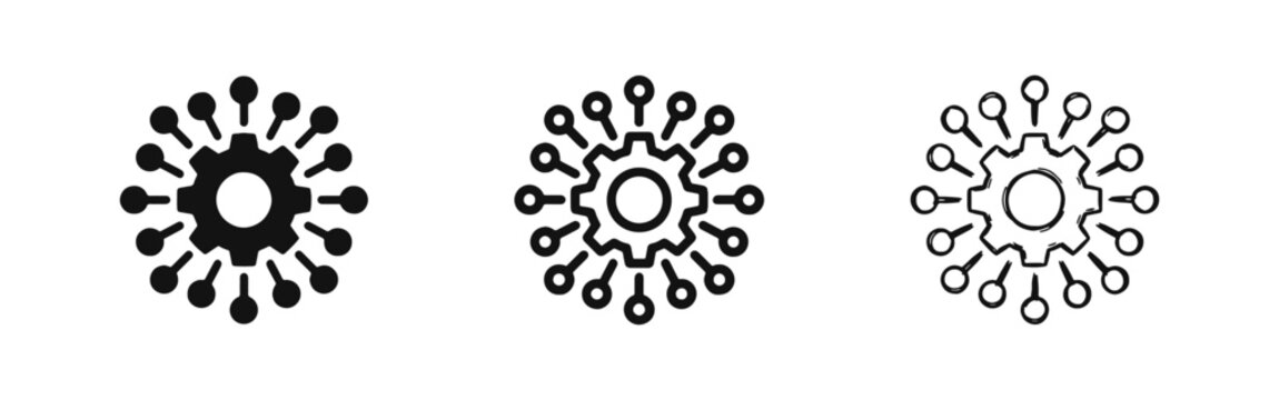 Centralized automation and network processing gear icon with connection nodes in various styles