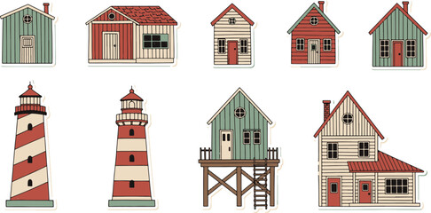 Collection of nautical coastal wooden houses beach huts and red lighthouses in a flat vintage Scandinavian architectural style vector illustration © Kanon Islam