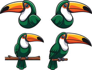 Obraz premium Set of Colorful Toucan Bird Vector Illustrations Featuring Exotic Tropical Characters Perching on Branches for Jungle Wildlife Themes, Children’s Educational Books, and Zoo Branding