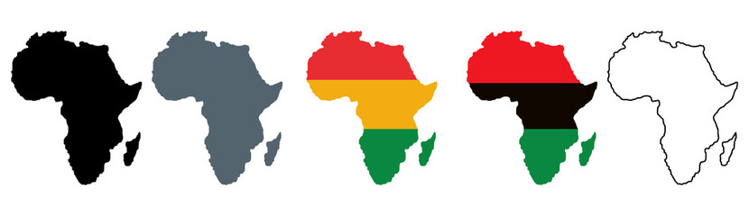  Set of African map silhouette, outline border, flat gray, Pan African flag colors, and political design.  © SOUMYA