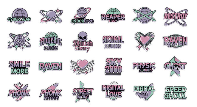 Collection of Y2K Streetwear Graphic Design Elements Featuring Cyberpunk Planets Skulls Hearts and Edgy Typography for Modern Clothing Brand vector illustration