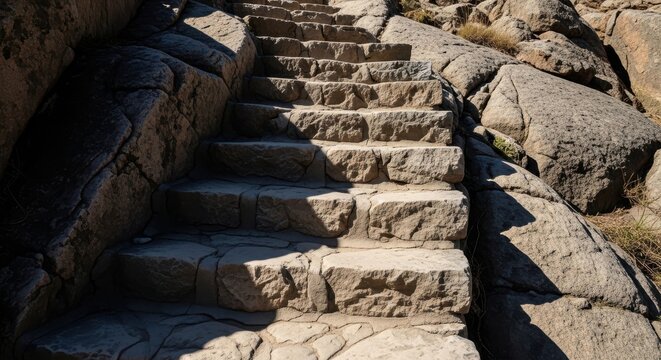 Rugged stone staircase with chiseled edges ascending a rocky hillside under natural sunlight