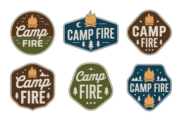 Obraz premium Camp fire logo collection, vintage emblem design for outdoor adventure, camping and wilderness exploration branding, rustic fire symbols, clean retro vector style.