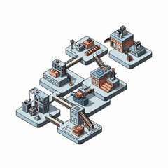 Obraz premium Isometric illustration of a small industrial factory complex with multiple buildings and conveyor belts.