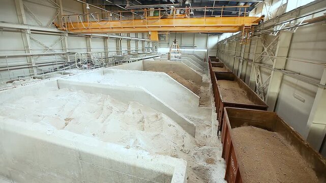 Open freight cars loaded with sand and clay are unloaded in the factory's bulk materials warehouse. Indoors. Raw materials and bulk materials warehouse at a factory producing ceramic tiles