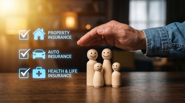 Hand protecting wooden family figurines with icons for property auto health insurance car owner insurance protection security property coverage financial business wellbeing assurance
