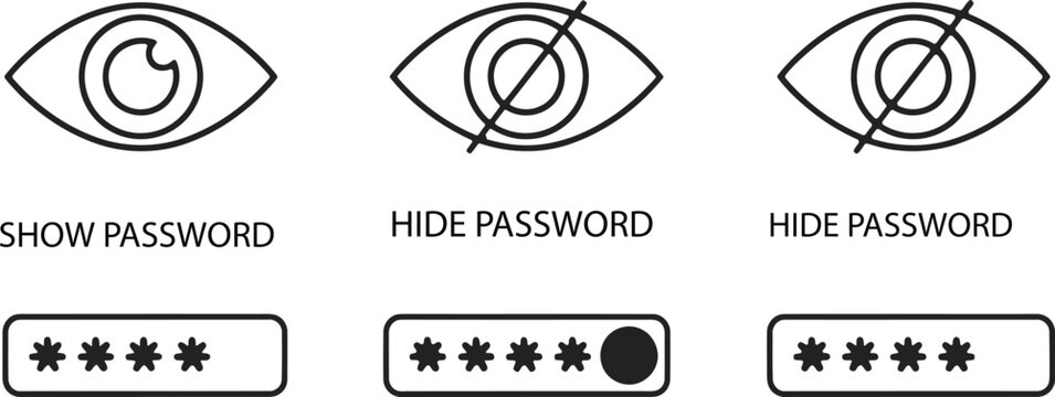 Visual representation of password visibility and security states with eye icons and passwords