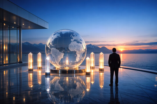 G7 Summit 2026 Evian-les-Bains glass globe installation with seven crystalline pillars on Lake Geneva terrace overlooking French Alps silhouette leader sunset diplomacy future sustainability