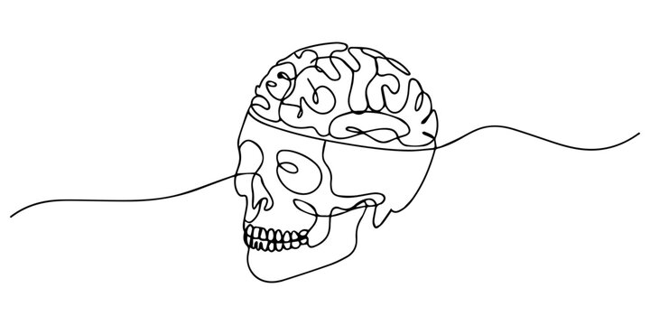 Human skull and brain one line set art. Continuous line drawing of internal organs, Continuous line drawing of a human skull with a detailed brain inside profile view Vector, illustration minimalist.